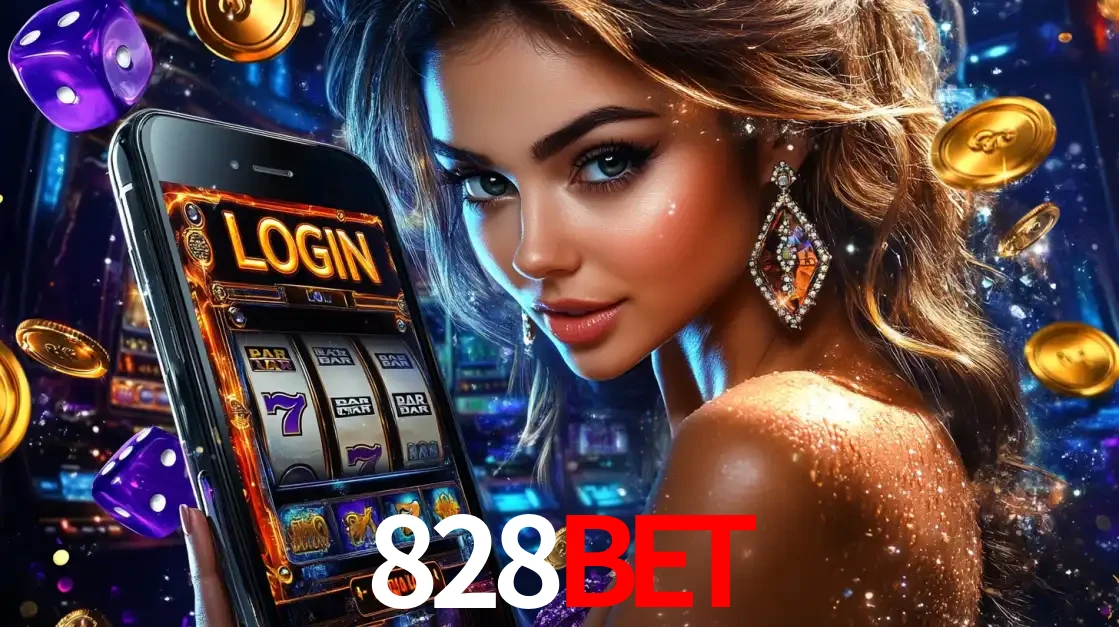 Mulher glamorosa segurando um smartphone com a tela de login para os jogos de caça-níqueis do cassino online 828bet, com moedas de ouro e dados ao redor.