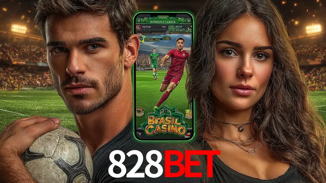 Homem segurando uma bola de futebol e uma mulher ao lado de um smartphone exibindo o jogo de apostas esportivas da 828bet. Faça seu palpite no cassino online.
